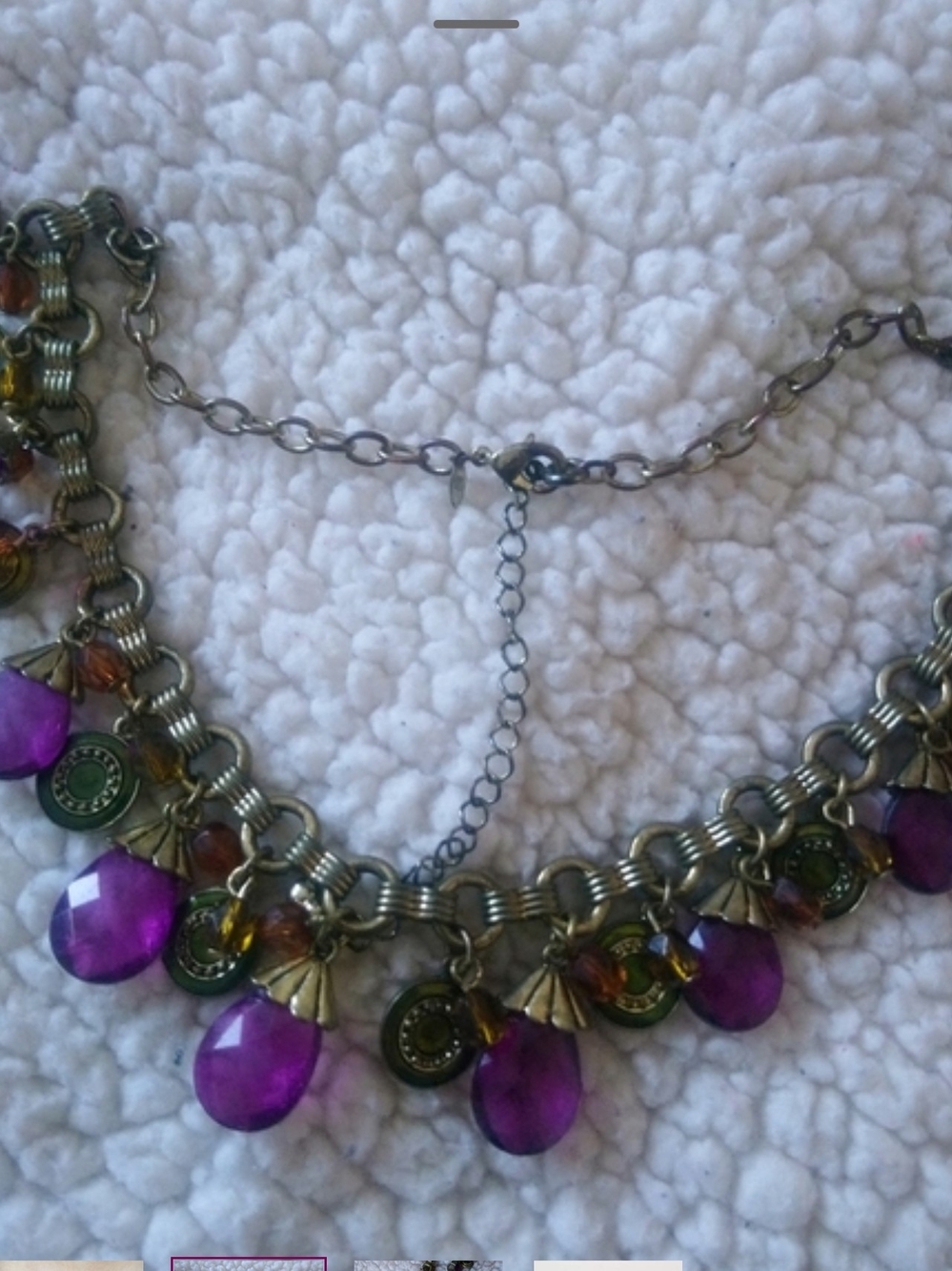 Vintage Signed Avon Purple Glass Teardrop Bib Necklace Antique Brass Coin Charms